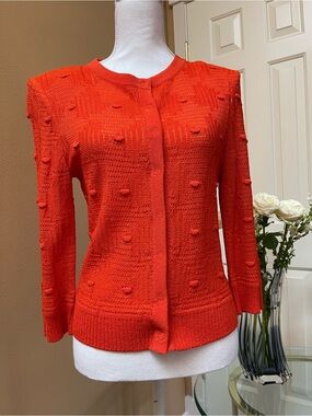 St. John Textured Bobble Knit Cardigan Sweater Orange Wool Blend Size S $1150